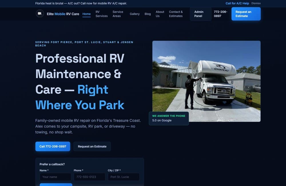 Elite Mobile RV Care website preview